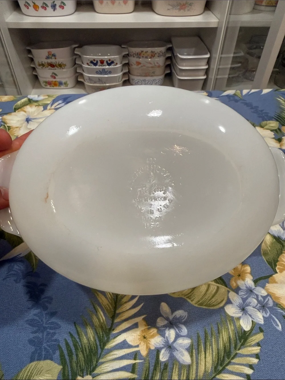 Fire King White Casserole Dish with Blue Floral Detail